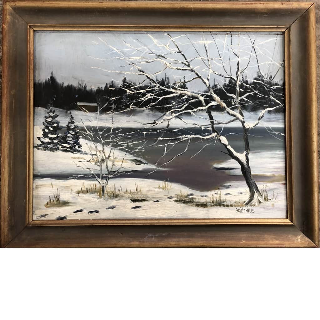 Lars Boëthius - Olja på pannå, Vinterlandskap – begagnad antikt & konst hos ReFurn Lidingö