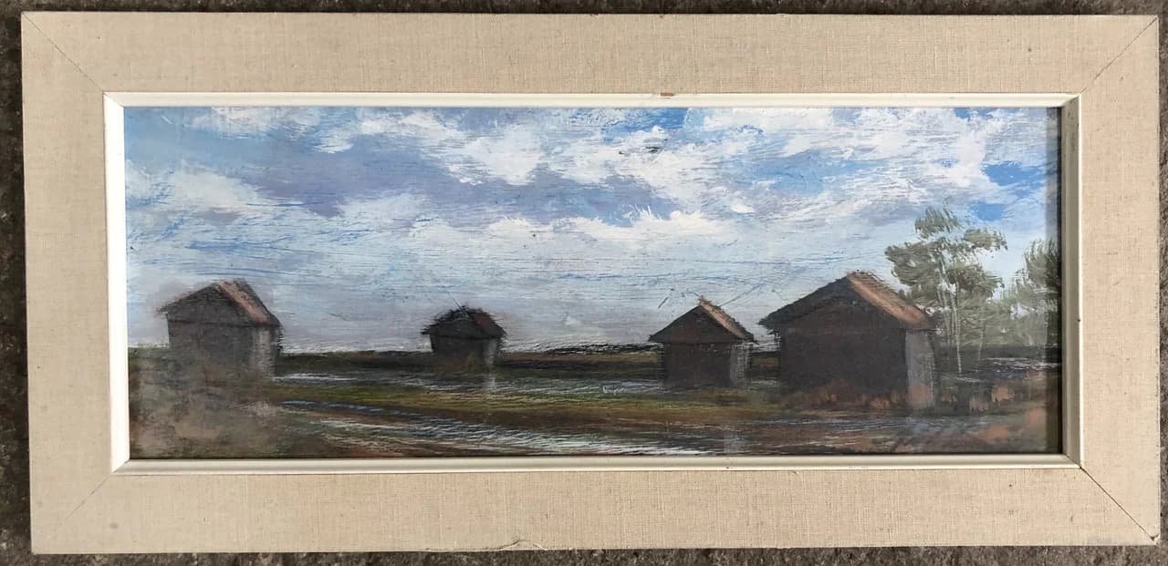 Oljemålning, Landskap med skjul, signerad