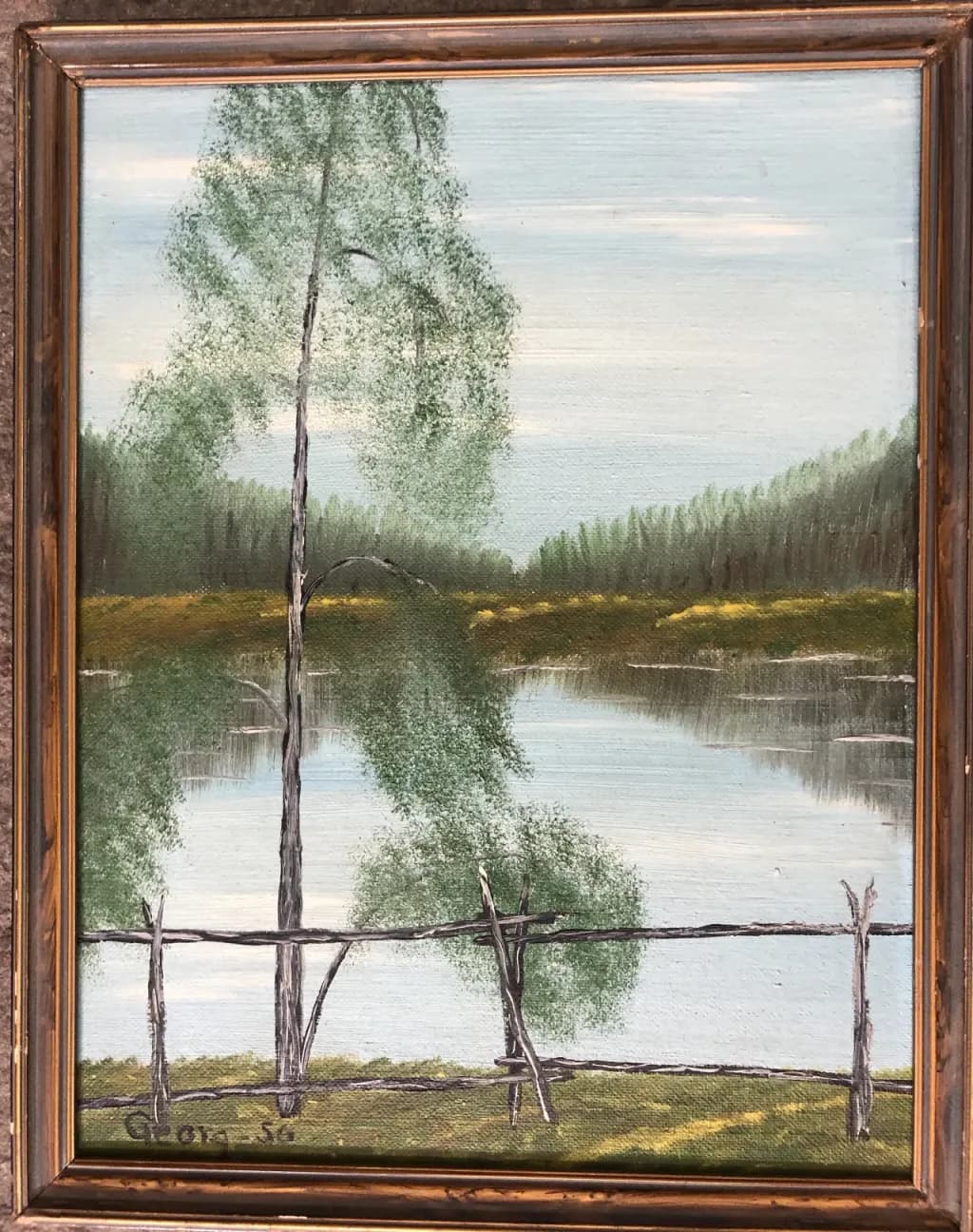 Oljemålning, Björkar vid sjö, signerad Georg